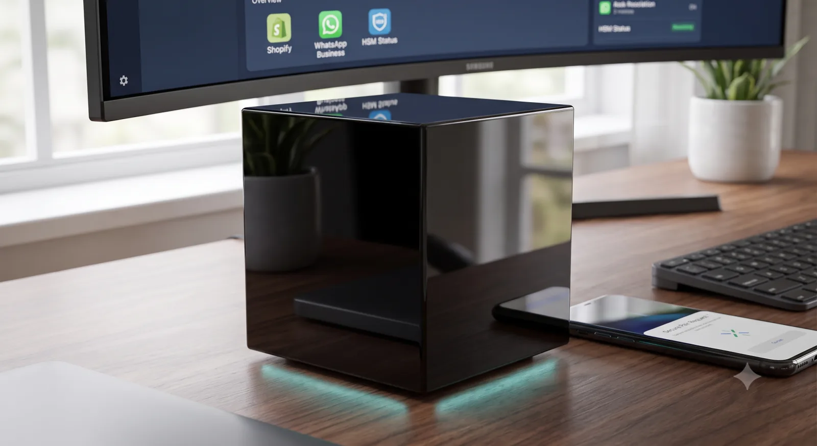 AI BOX: cubo negro espejado sobre un escritorio profesional, conectado a WhatsApp Business y al calendario