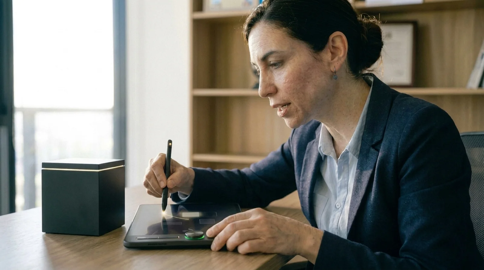 QBUILDER.AI: la tablet apoyada en el escritorio junto al cubo, el pen dibujando
